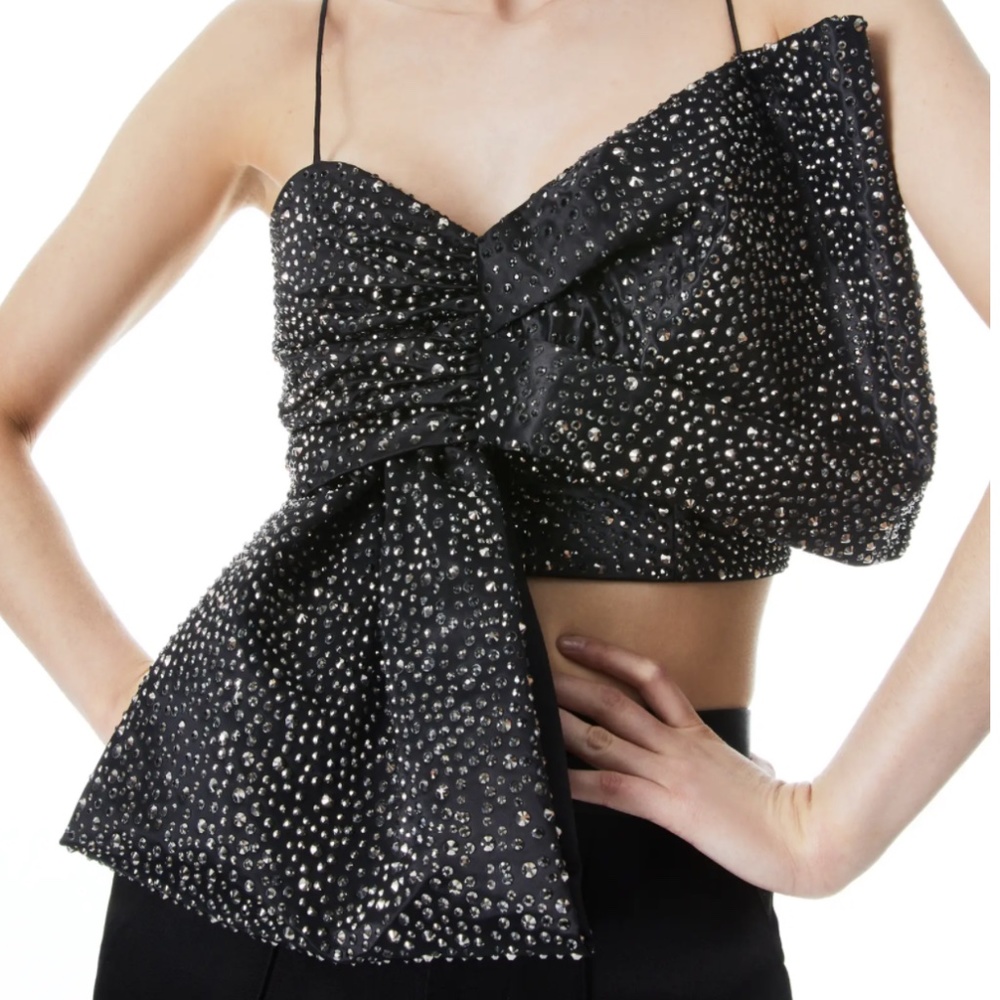 Alice and Olivia Beline Embellished Bow Crop Top, Black - Retail $660